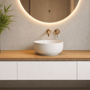 Beautiful contemporary bathroom with a bamboo countertop